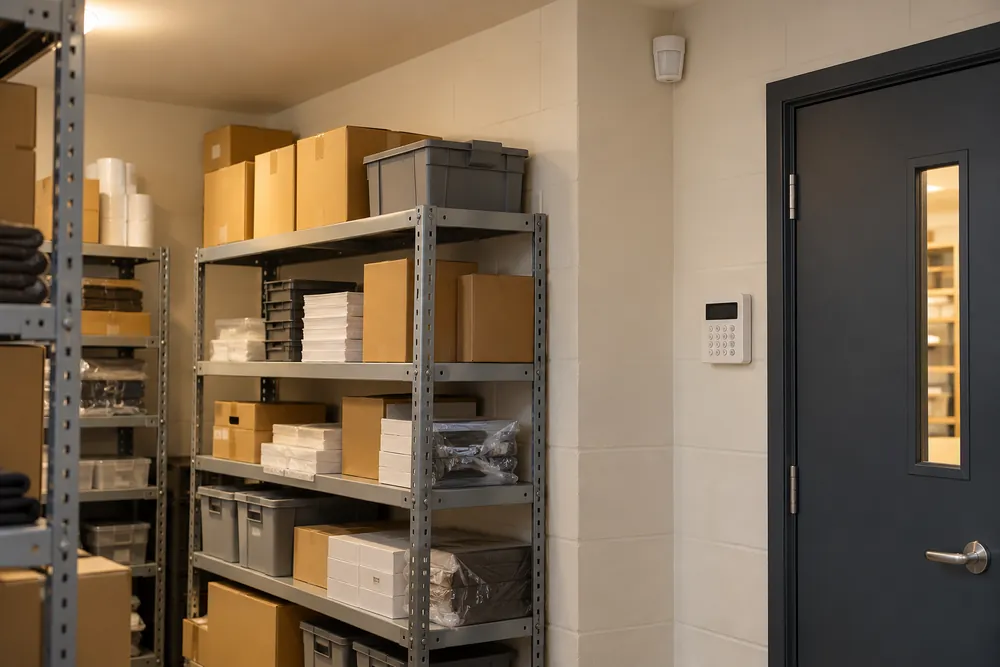 Intruder alarm detector and keypad in a commercial stockroom